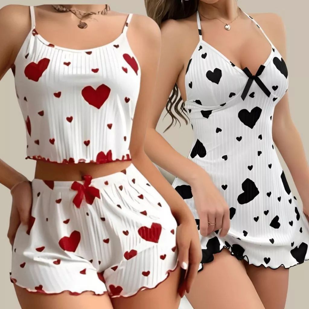 Kit 2 Peças Camisola + Pijama Baby Doll Feminino Sexy Lingerie Estampado Coração — análise em Produtos Review Online