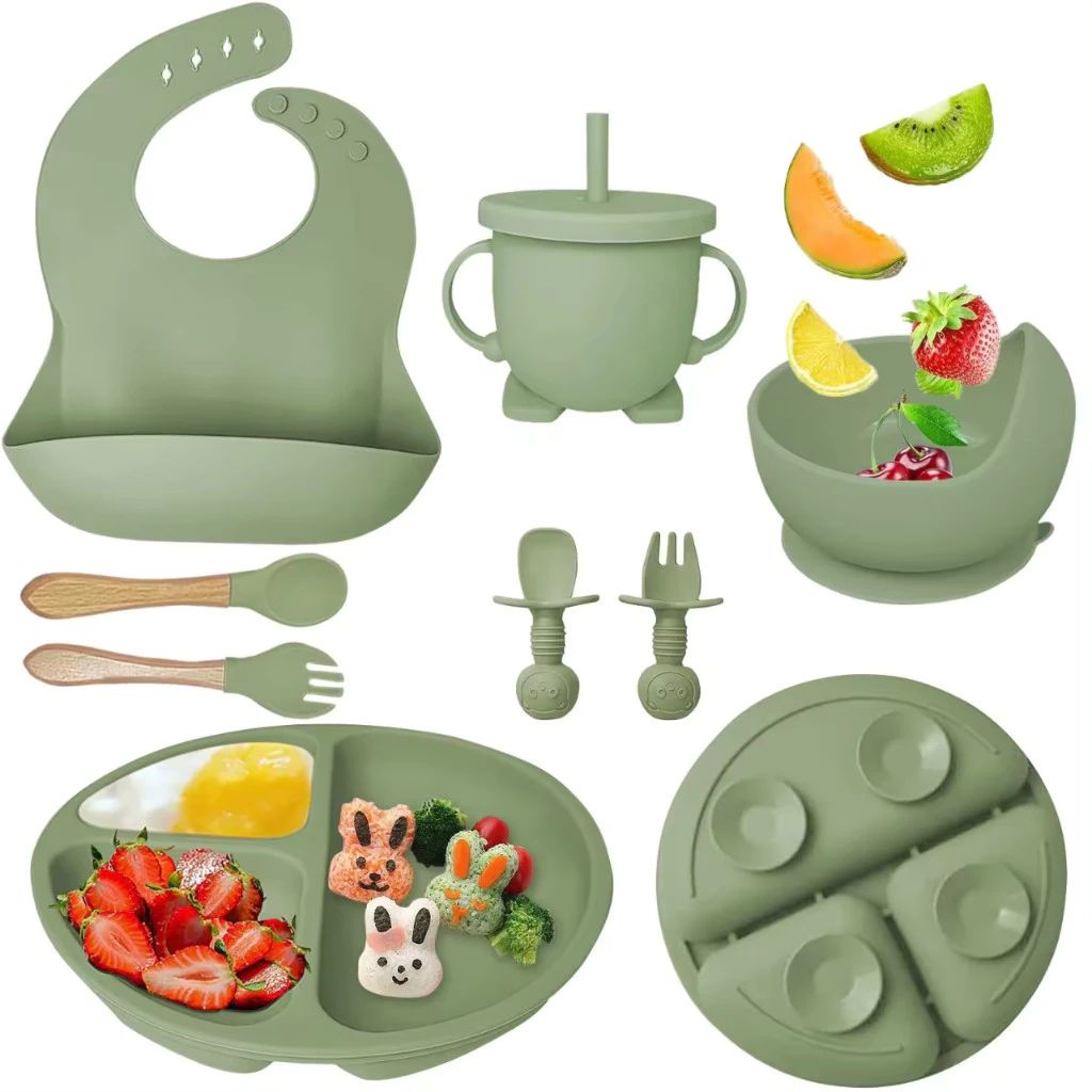 Kit 8pçs Talheres de Silicone p/ Bebê c/ Ventosa, Colher, Garfo, Canudo e Babador Infantil — análise em Produtos Review Online