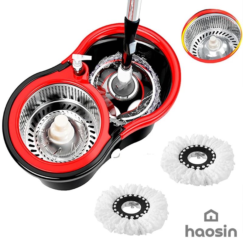 haosin Aço inoxidável Mop Giratório Esfregão  Profissional 2 Refis Cesto Giratório cabo de 140cm — análise em Produtos Review Online