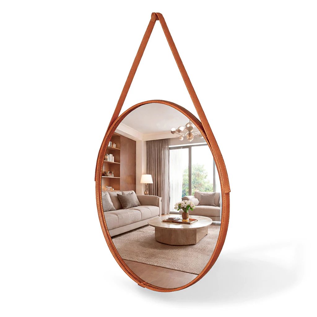 Espelho Redondo Decorativo Adnet Alça Couro Suporte 60cm Sala Quarto Banheiro — análise em Produtos Review Online